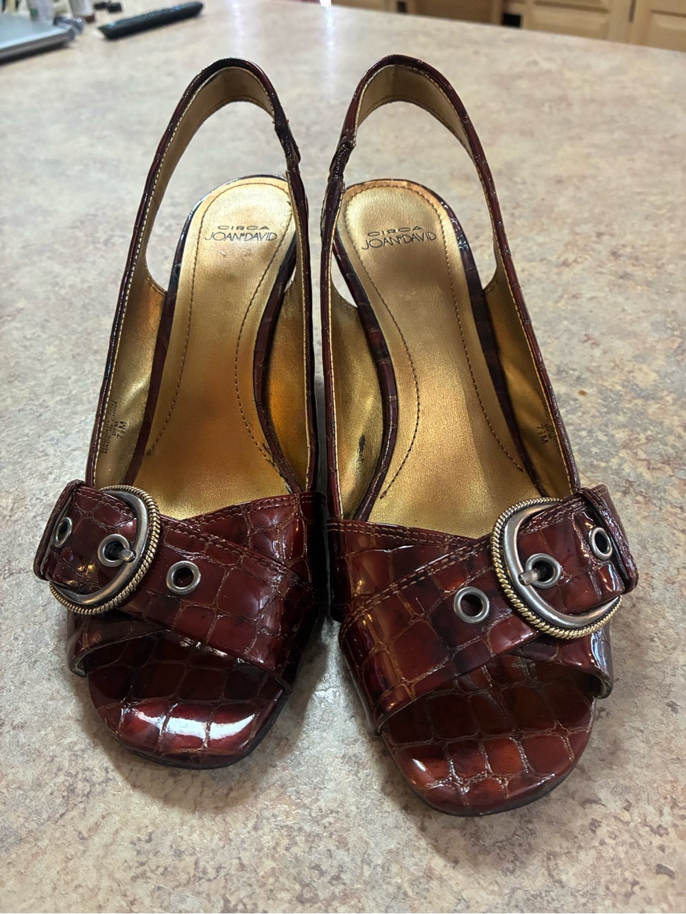 Joan & David Burgundy Croc-Embossed Slingback Mules with Buckle Detail